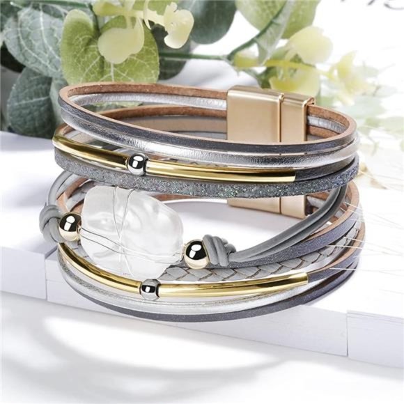 Bracelet for Women, Boho Leather Wrap Multi-Layer Pearl Crystal Bracelet Bangle - Picture 3 of 6